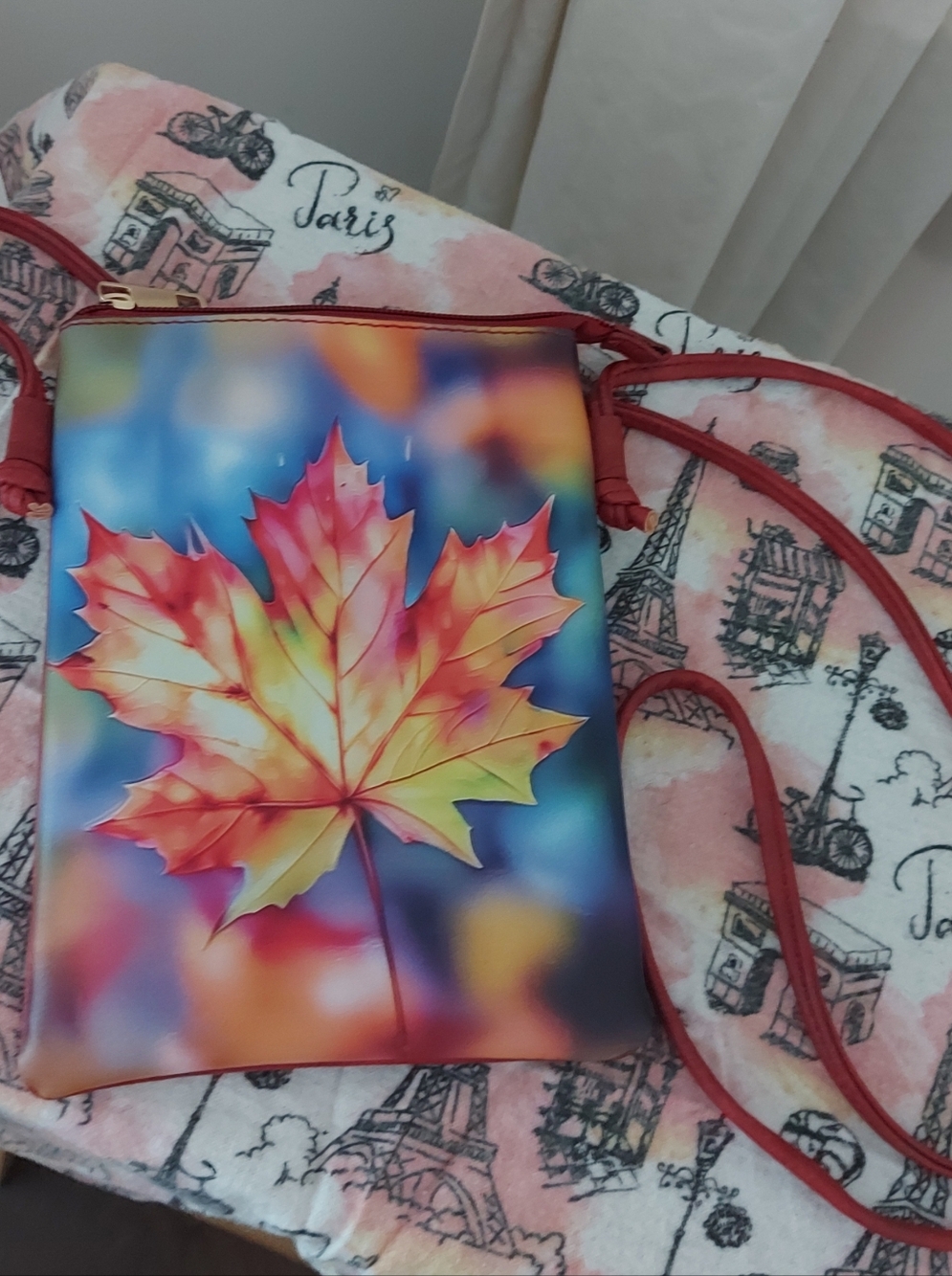 Colourful Maple Leaf Crossbody Bag - Red Strap